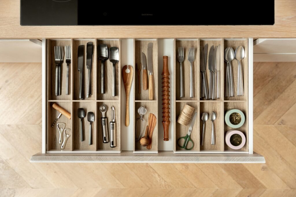 Cajón de cocina con organizador y separadores para utensilios