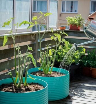 Huerto urbano en balcón con hortalizas y aromáticas