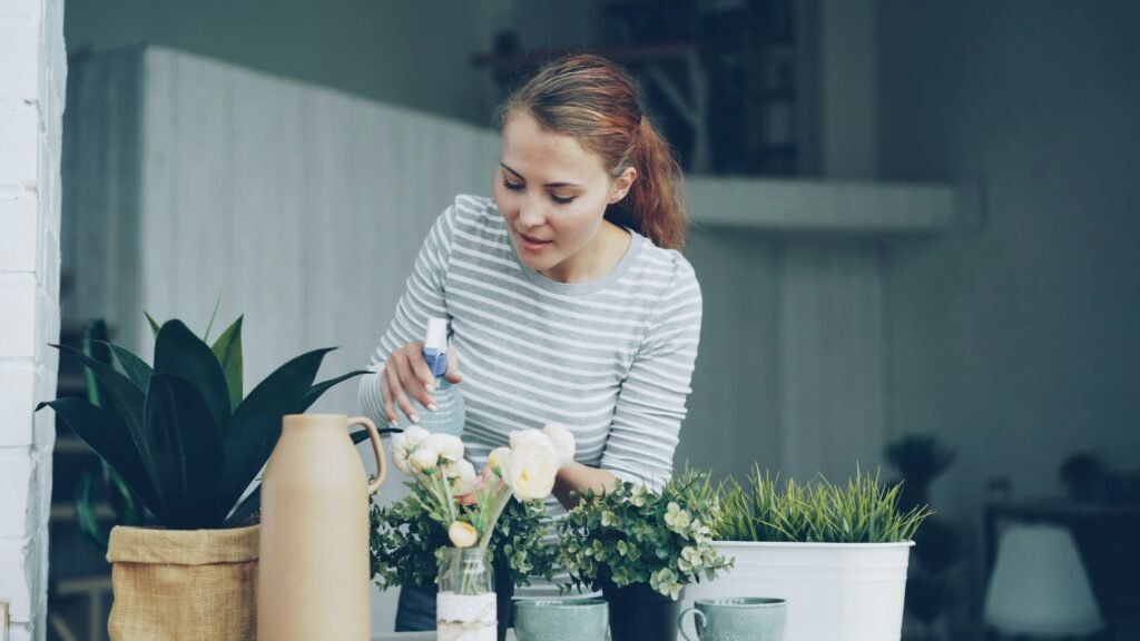 Pulverizando una planta de interior para combatir plagas